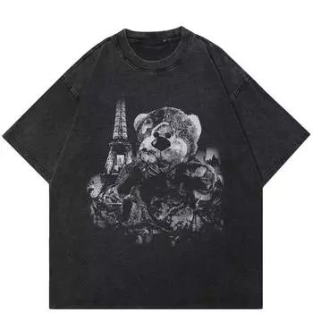 Уличная футболка унисекс с забавным медведем, хлопковая промытая черная футболка, топы унисекс, футболки, летняя футболка с короткими рукавами S чёрный