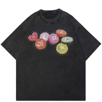 Уличная футболка унисекс с забавным рисунком, хлопковая промытая черная футболка, топы унисекс, футболки, летняя футболка с короткими рукавами S чёрный