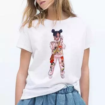 Уличная футболка в стиле хип-хоп Billie Eilish Harajuku, повседневная футболка с круглым вырезом и короткими рукавами, мужская и женская футболка с сублимацией XL белый