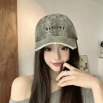 Уличная кепка 2025 года в американском стиле в стиле ретро, старая, потертая, с потертыми буквами, универсальная уличная бейсболка с изображением лица, маленькая, с солнцезащитным козырьком, женщина M56-58cm чёрный