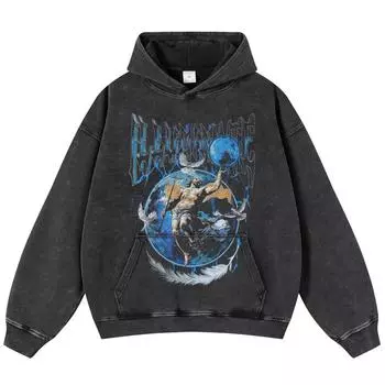 Уличная классическая вымытая черная толстовка унисекс с длинными рукавами и классическим графическим рисунком S чёрный