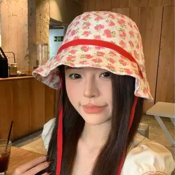 Уличная корейская новая маленькая свежая розовая шляпа рыбака с цветочным принтом на ремне для детей весна-лето защита от солнца козырек универсальный показать маленькое лицо M56-58cm красный