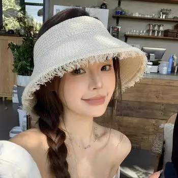 Уличная корейская шляпа из грубой рафии для женщин, пустая шляпа-цилиндр, детская летняя шляпа с большим карнизом и защитой от солнца M56-58cm бежевый