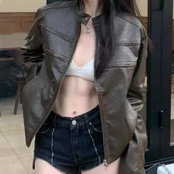 Уличная кожаная куртка в винтажном стиле для женщин, осенняя куртка Spice Girl с короткими плечами из искусственной кожи, женская модная куртка S