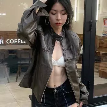 Уличная кожаная куртка в винтажном стиле для женщин, осенняя куртка Spice Girl с короткими плечами из искусственной кожи, женская модная куртка Ins Top S
