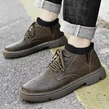 Уличная кожаная мужская обувь, ботильоны, осенне-зимняя обувь для подъема, нескользящая повседневная обувь для пеших прогулок, повседневная, теплая, плюшевая 38 чёрный