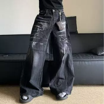 Уличная мода 2020 года, потертые широкие джинсы с узором молнии, мужские ретро-стирки, хип-хоп, свободные повседневные прямые джинсы с высокой талией S