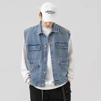 Уличная мода, брендовые многослойные джинсовые жилеты для мужчин и женщин в одном стиле, весенние и осенние, прочные, свободные рабочие куртки высокого качества S