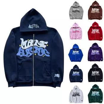 Уличная мода принт толстовка с капюшоном графические толстовки на молнии хип-хоп уличная одежда свободного покроя винтажный наряд M синий