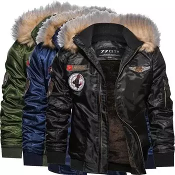 Уличная мужская зимняя теплая повседневная куртка-бомбер с меховым воротником, военная тактическая стеганая куртка, теплое шерстяное пальто, 3 цвета XXXXL чёрный