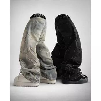 Уличная одежда 2000 года в стиле ретро с необработанными краями и вышивкой, мешковатые джинсы для мужчин и женщин, модные хип-хоп-штаны в стиле пэчворк с высокой талией L чёрный