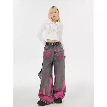 Уличная одежда 2024, большие размеры, прямые гранжевые винтажные джинсы с высокой талией, женские широкие мешковатые брюки Y2K, джинсовые брюки полной длины S серый