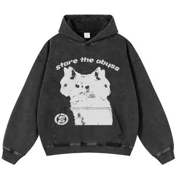 Уличная одежда 2024 Hybrid Cat с рисунком унисекс, мытая черная оверсайзная толстовка унисекс с длинными рукавами S чёрный