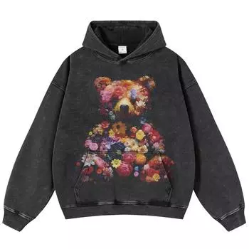 Уличная одежда Bear Bouquet, унисекс, мытая черная толстовка с капюшоном, унисекс, с длинным рукавом S чёрный