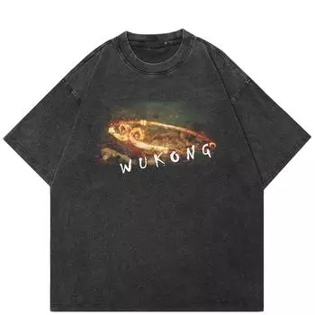 Уличная одежда BLACK MYTH WUKONG Graphic Washed Black T-Shirt Cotton Unisex Tops Tees T Shirt Short Sleeves S чёрный