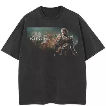 Уличная одежда BLACK MYTH WUKONG Graphic Washed Black T-Shirt Cotton Unisex Tops Tees T Shirt Short Sleeves S чёрный