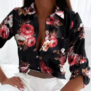 Уличная одежда большого размера с отложным принтом, свободная блузка с длинными цветочными рукавами, элегантный офисный воротник, блузка на пуговицах, топ L белый