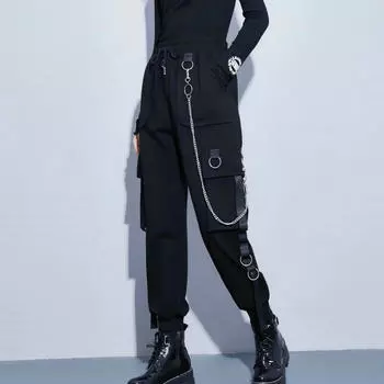 Уличная одежда Брюки-карго Женские повседневные бегуны Черные свободные женские брюки с высокой талией Брюки в корейском стиле