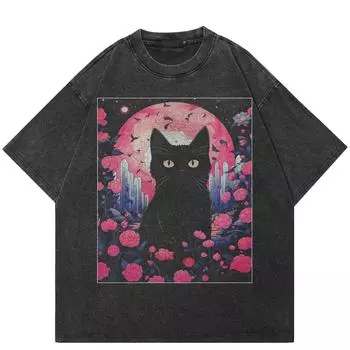 Уличная одежда Cartoon Cat Monster Vintage Washed Black Футболка Хлопок Унисекс Свободный крой Топы Футболки S чёрный