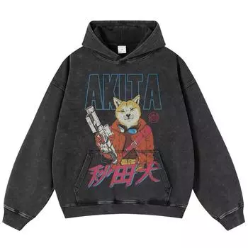 Уличная одежда, черная объемная толстовка унисекс с длинными рукавами и рисунком Japanses Akitas S чёрный