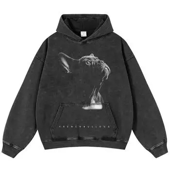 Уличная одежда, черная объемная толстовка унисекс с длинными рукавами и рисунком французского бульдога S чёрный