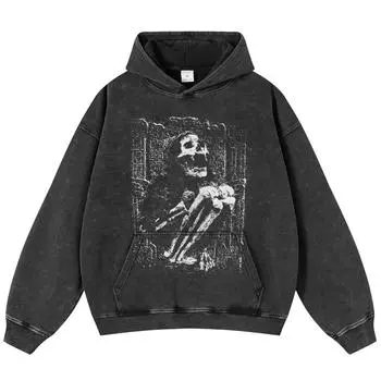 Уличная одежда, черная объемная толстовка унисекс с длинными рукавами и рисунком скелета S чёрный