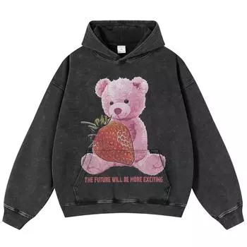 Уличная одежда, черная объемная толстовка унисекс с длинными рукавами и рисунком клубничного медведя S чёрный
