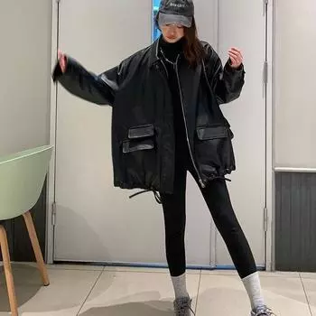 Уличная одежда Черные пальто и куртки из искусственной кожи PU с карманами и длинным рукавом для женщин Y2K Gothic Осень-Весна Женские куртки Верхняя одежда XXXL чёрный
