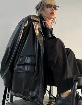 Уличная одежда, черные пальто из искусственной кожи, женские куртки с карманами и длинным рукавом Y2K, готические осенне-весенние женские куртки S чёрный