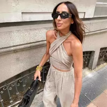 Уличная одежда цвета хаки, женские сексуальные укороченные топы без рукавов с лямкой на шее + широкие брюки с высокой талией, модные комплекты XXS хаки