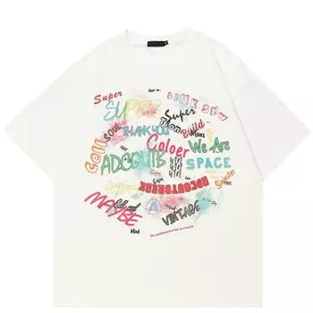 Уличная одежда Цветные буквы Графическая футболка Хлопок унисекс Топы Футболки Летняя футболка с короткими рукавами S белый
