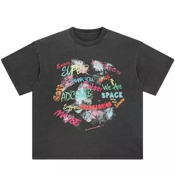 Уличная одежда Цветные буквы Графический стираный черный Футболка Хлопок Унисекс Топы Футболки Летняя футболка с короткими рукавами S чёрный