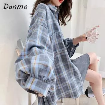 Уличная одежда Danmo, клетчатые рубашки, женские корейские модные топы большого размера, Harajuku, повседневные универсальные женские блузки с длинными рукавами XS синий
