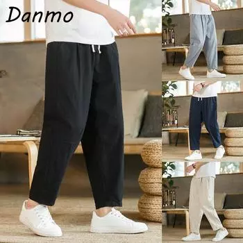 Уличная одежда Danmo, мужские хлопковые льняные брюки с эластичной резинкой на талии, мужские свободные дышащие однотонные льняные брюки для фитнеса XXXXXL чёрный