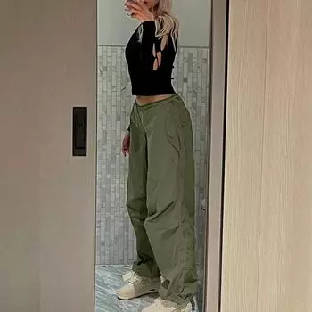 Уличная одежда для бега, мешковатые брюки, свободные широкие женские спортивные штаны в стиле панк, шикарные однотонные модные винтажные брюки, повседневные Y2K 20980 S зелёный