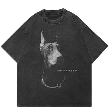 Уличная одежда Dobermann Washed Unisex T-Shirt Хлопковая футболка Унисекс Топы Футболки Летняя футболка с короткими рукавами S чёрный