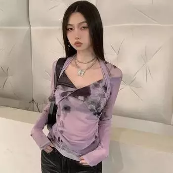 Уличная одежда Фиолетовый сетчатый топ с длинным рукавом See Through Весна Лето Футболка Женская одежда Y2k Tie Dye 90s Футболка Femme S лавандовый