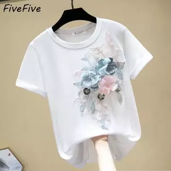Уличная одежда FiveFive, женские футболки, однотонные топы с цветочной аппликацией и бисером, женские летние футболки с короткими рукавами, большие размеры, хлопковая одежда XL белый