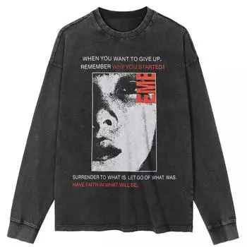 Уличная одежда Футболка с принтом на половину лица, черная, стираная, хлопковая, унисекс, топы, футболки, футболка с длинными рукавами S чёрный