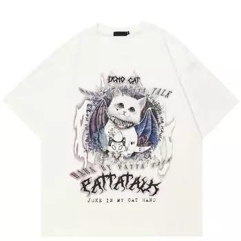 Уличная одежда Футболка с рисунком кота с обеих сторон, унисекс, топы, футболки, летняя футболка с короткими рукавами S белый