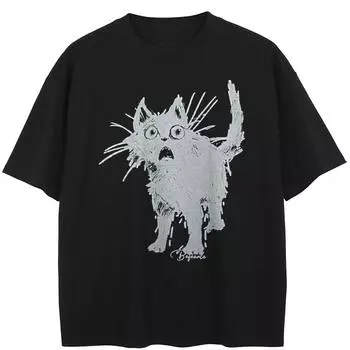 Уличная одежда Футболка с рисунком Panic Cat Хлопковая футболка Унисекс Топы Футболки Летняя футболка с короткими рукавами S чёрный