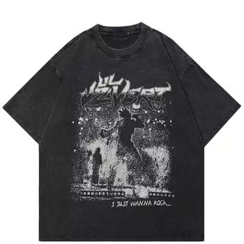 Уличная одежда Футболка с рисунком в стиле панк-рок Футболка из хлопка с потертостями черного цвета Унисекс Топы Футболки Летняя футболка с короткими рукавами S чёрный