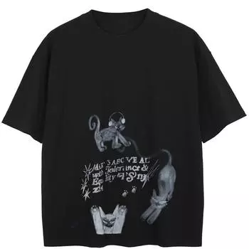 Уличная одежда Футболка с рисунком забавных котов Хлопковая футболка Унисекс Топы Футболки Летняя футболка с короткими рукавами S чёрный