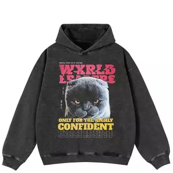 Уличная одежда Графика кошки Боковые карманы Пуловер Унисекс Оверсайз Выстиранный черный Худи S чёрный