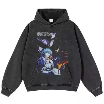 Уличная одежда Harajuku Anime Graphic Washed Black Oversize Unisex Y2K Hoodie S чёрный
