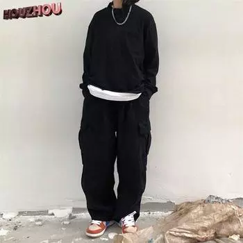 Уличная одежда Harajuku, черные брюки-карго, женские мешковатые хиппи, белые широкие брюки оверсайз S чёрный