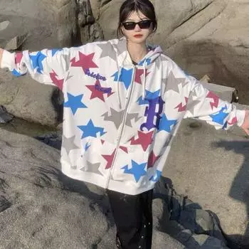 Уличная одежда Harajuku, толстовки на молнии, женские толстовки в Корейском стиле, хип-хоп, с принтом звезд, на молнии, с капюшоном, весна Kpop S чёрный