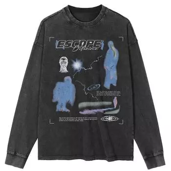 Уличная одежда Искусство Абстрактная графика Стираная черная футболка Хлопок унисекс Топы Футболки Большие размеры Длинные рукава Футболка S чёрный