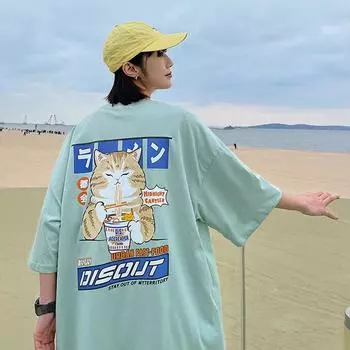 Уличная одежда, лето 2022, хлопковая женская футболка с коротким рукавом, повседневные футболки большого размера с принтом Харадзюку для девочек L чёрный