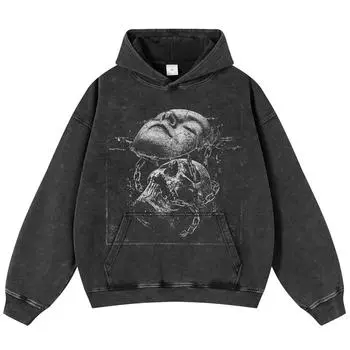 Уличная одежда Маски Графический мытый черный свободный худи унисекс с длинными рукавами S чёрный